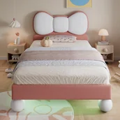Łóżka dla dzieci i młodzieży - Łóżko pojedyncze dla dziecka 90 x 200 cm, zagłówek w kształcie motyla, pasek LED pod łóżkiem z regulowanym kolorem, aksamit, beż + różowy - miniaturka - grafika 1