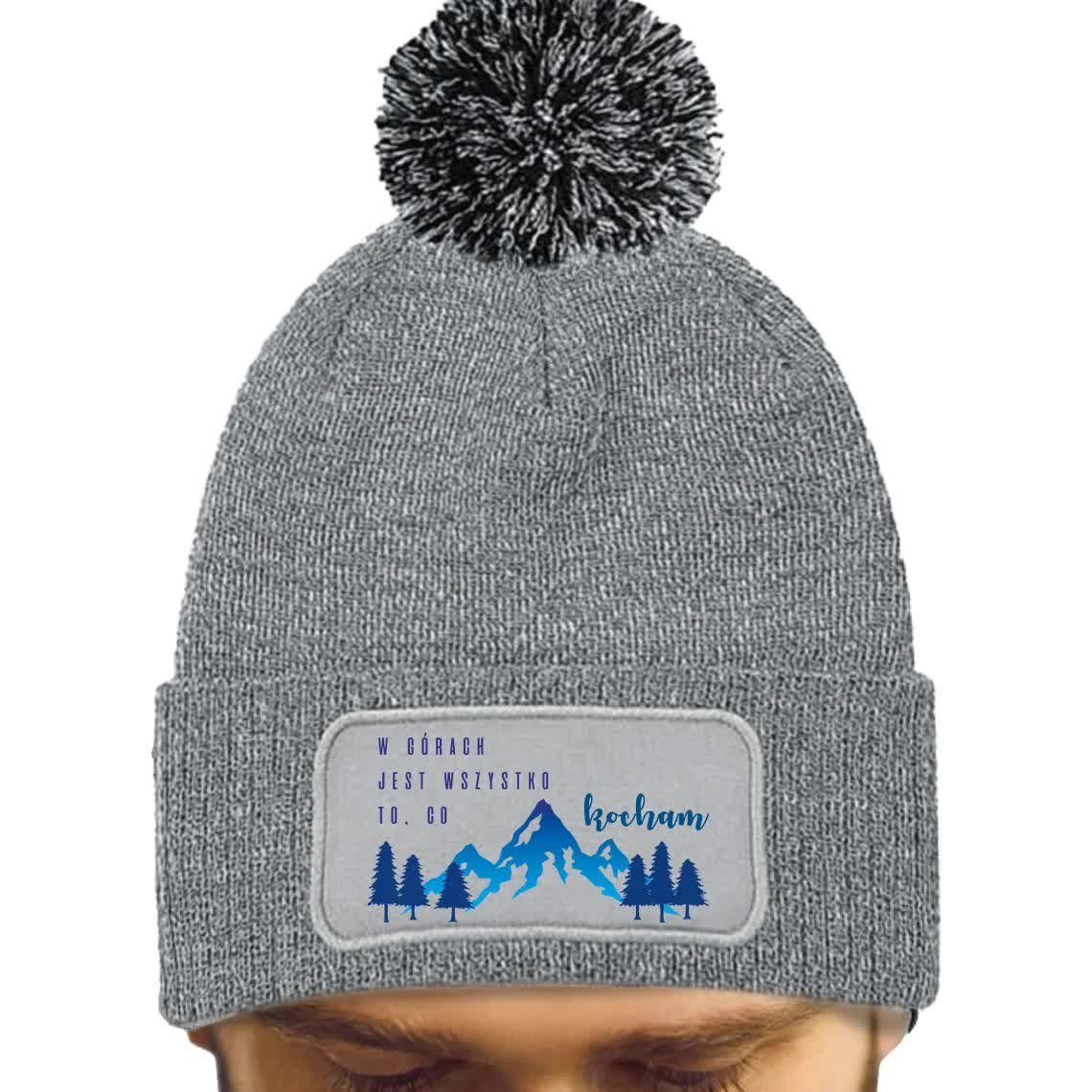 CZAPKA POMPON Bawełna ZIMOWA Szara Dla Miłośnika Gór KOCHAM GÓRY Wzory