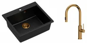 Zlewozmywaki z baterią - Quadron Zlewozmywak granitowy jednokomorowy 57*50*22 cm MORGAN 110 PURE CARBON czarny z miedzianym odpływem z baterią JENNIFER Q LINE SLIM z wyciąganą wylewką i funkcją prysznica kolor miedziany - miniaturka - grafika 1