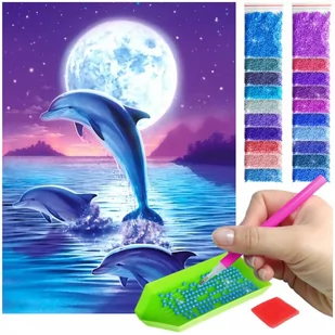 Haft Diamentowy ARTULIO, Obraz DIY 5D, Diamond Painting, Mozaika diamentowa 30x40cm (Delfiny na tle magicznej pełni księżyca) + zestaw akcesoriów - Zabawki kreatywne - miniaturka - grafika 1