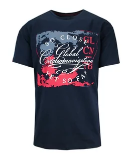 Koszulki męskie - T-Shirt Męski Granatowy z Nadrukiem, Napisy, Koszulka, Krótki Rękaw, U-neck - MCL - grafika 1