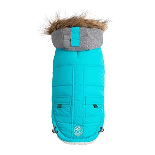 GF Pet Parka dla psa, kurtka zimowa, żeglarz, ciepły płaszcz dla psów, z podszewką polarową, wegańskie futro z kapturem - kolor Aqua - rozmiar M