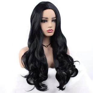 Peruka Długie Włosy Czarne Krucze Fale W34 - Dodatki do strojów karnawałowych - miniaturka - grafika 1