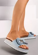 Klapki i japonki damskie - Jasnoniebieskie Klapki na Grubej Podeszwie z Plecionką i Kokardą z Misiem Anivera - miniaturka - grafika 1