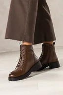 Botki damskie - Ciemnobrązowe botki skórzane damskie Sergio Leone na bieżnikowanej platformie ozdobne przeszycia na cholewce sznurowane GI295-H - miniaturka - grafika 1