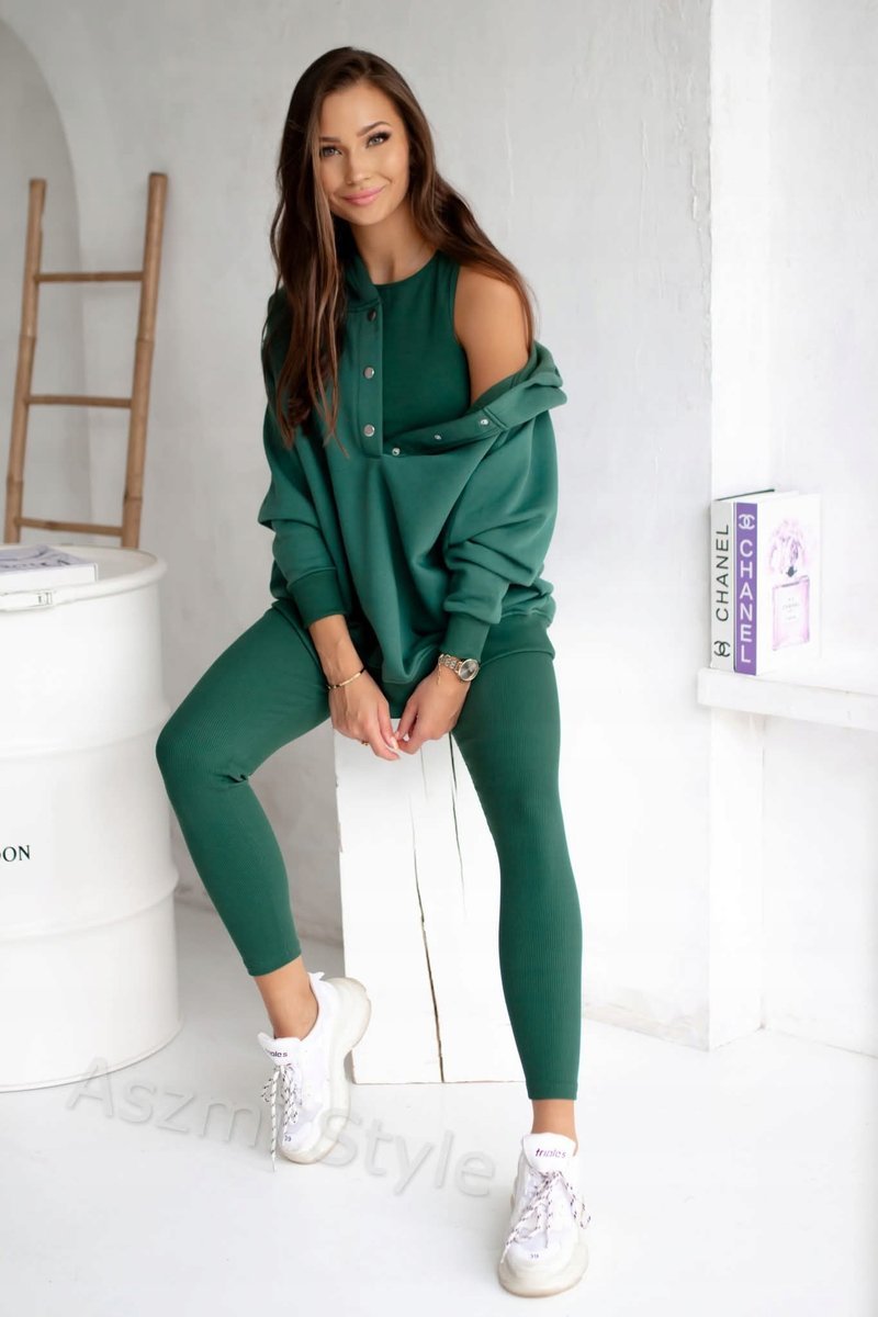 Komplet 3 częściowy Dresowy: Bluza Oversize, Top Legginsy Prążkowane ZIELEŃ