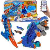 Zabawki konstrukcyjne - Zabawa XXL Hot Wheels City T-Rex Mega Transporter – Tor Wyścigowy 2w1 Światła Dźwięki 2 Samochodziki Składany Dinozaur PREZENT DLA DZIECKA + EBOOK-2 - miniaturka - grafika 1