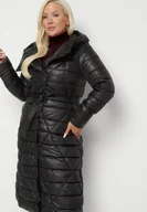 Kurtki damskie - Czarna Pikowana Kurtka z Kapturem i Dwustronnym Suwakiem Wiązana w Pasie Tatida - miniaturka - grafika 1