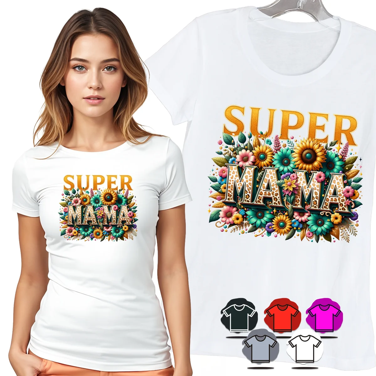 KOSZULKA DAMSKA T-SHIRT - SUPER MAMA SŁONECZNIKI ZŁOTE KWIATY WZÓR - L