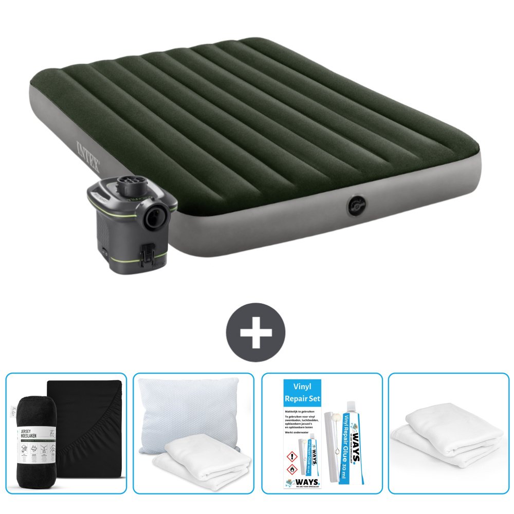 Łóżko powietrzne Intex - 2 osoby - 152 x 203 x 25 cm - Zielony - Z pompką - Prześcieradło - Zestaw naprawczy en Ochraniacz na poduszkę
