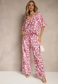 Komplety damskie - Różowy Wiskozowy Komplet w Ornamentalny Print Koszula i Szerokie Spodnie Sarilsa - miniaturka - grafika 1