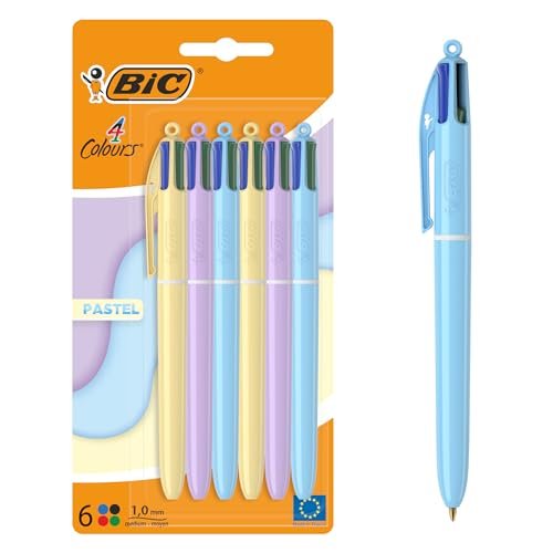 BIC 4 kolory pastelowe pióra środkowe końcówki (1.00 mm) - różne kolory, opakowanie 6 sztuk