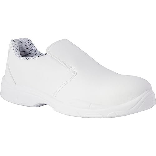 REPOSA Zamknięte buty zdrowotne pielęgniarki bez sznurówek z końcówką bezpieczeństwa, 2 varanty czarny i biały,z mikrofibry i tkaniny wygodne miękkie Maksymalna antypoślizgowa SRC en ISO 20345:2011, Biały, 43 EU