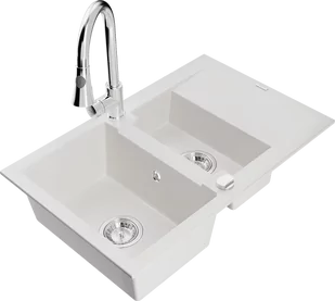 Mexen Gaspar zlewozmywak granitowy 1,5-komorowy z ociekaczem i baterią kuchenną Elia, biały - 6507-20-670101-00 - Zlewozmywaki z baterią - miniaturka - grafika 1