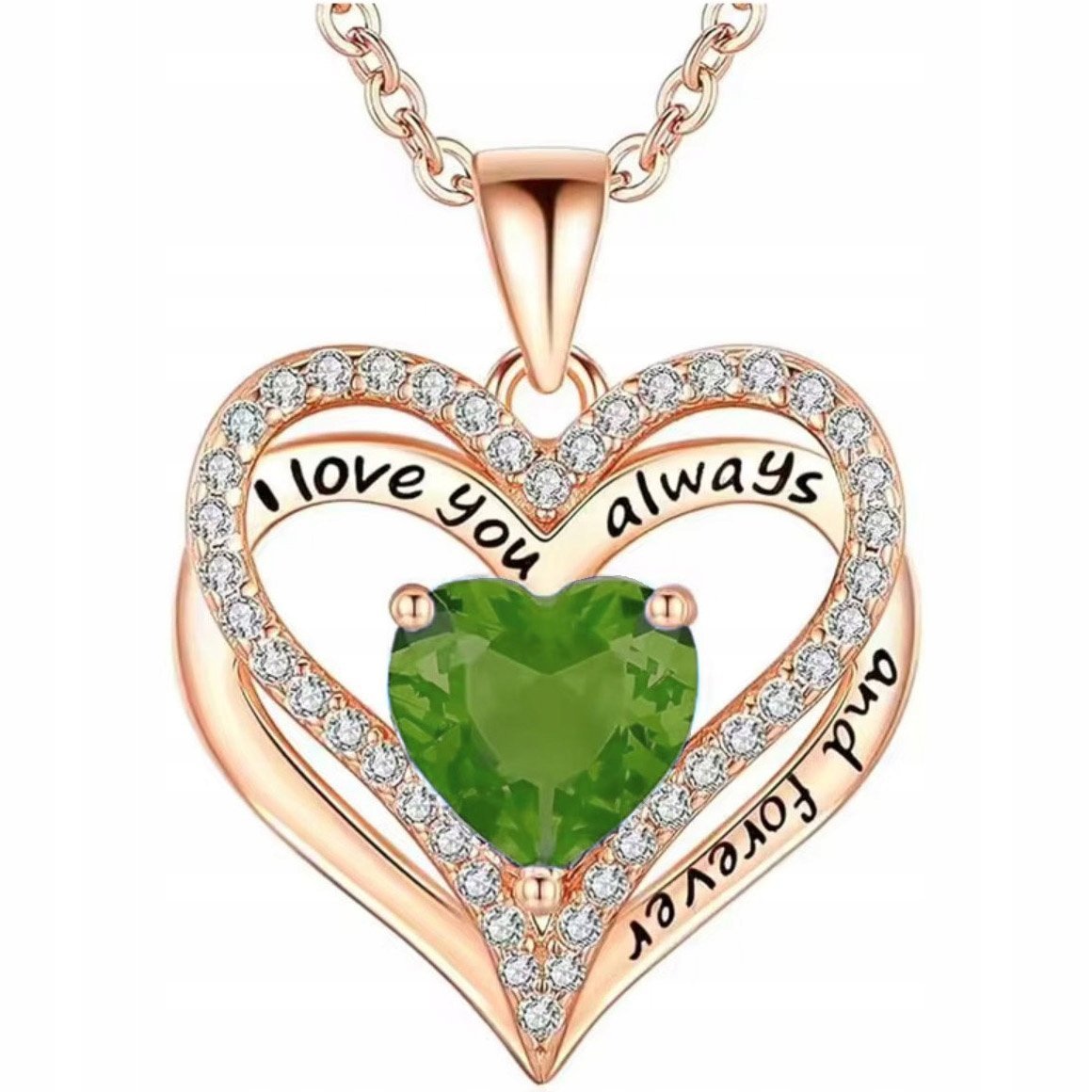 Naszyjnik Różowe Złoto Serce I Love You Peridot Cyrkonie Stal Szlachetna