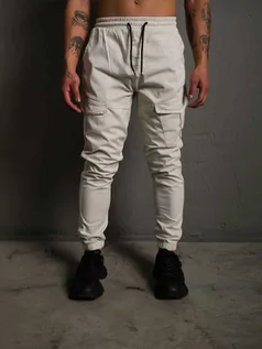 Spodnie męskie - Beżowe spodnie materiałowe joggery bojówki męskie Denley 384 - grafika 1