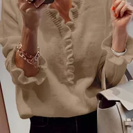 Swetry damskie - TEMU Elegancki, gładki sweter z dekoltem w serek i długim rękawem, z falbankami, z kolekcji The Tenggongchi. - miniaturka - grafika 1