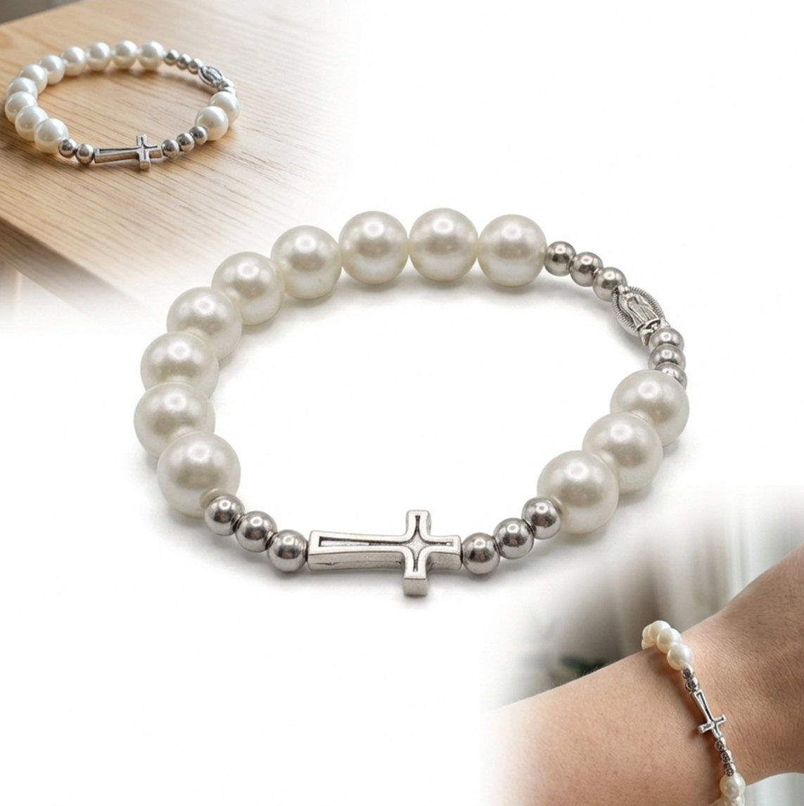 BRANSOLETKA RÓŻANIEC NA RĘKĘ perłowa biała z krzyżykiem i medalikiem