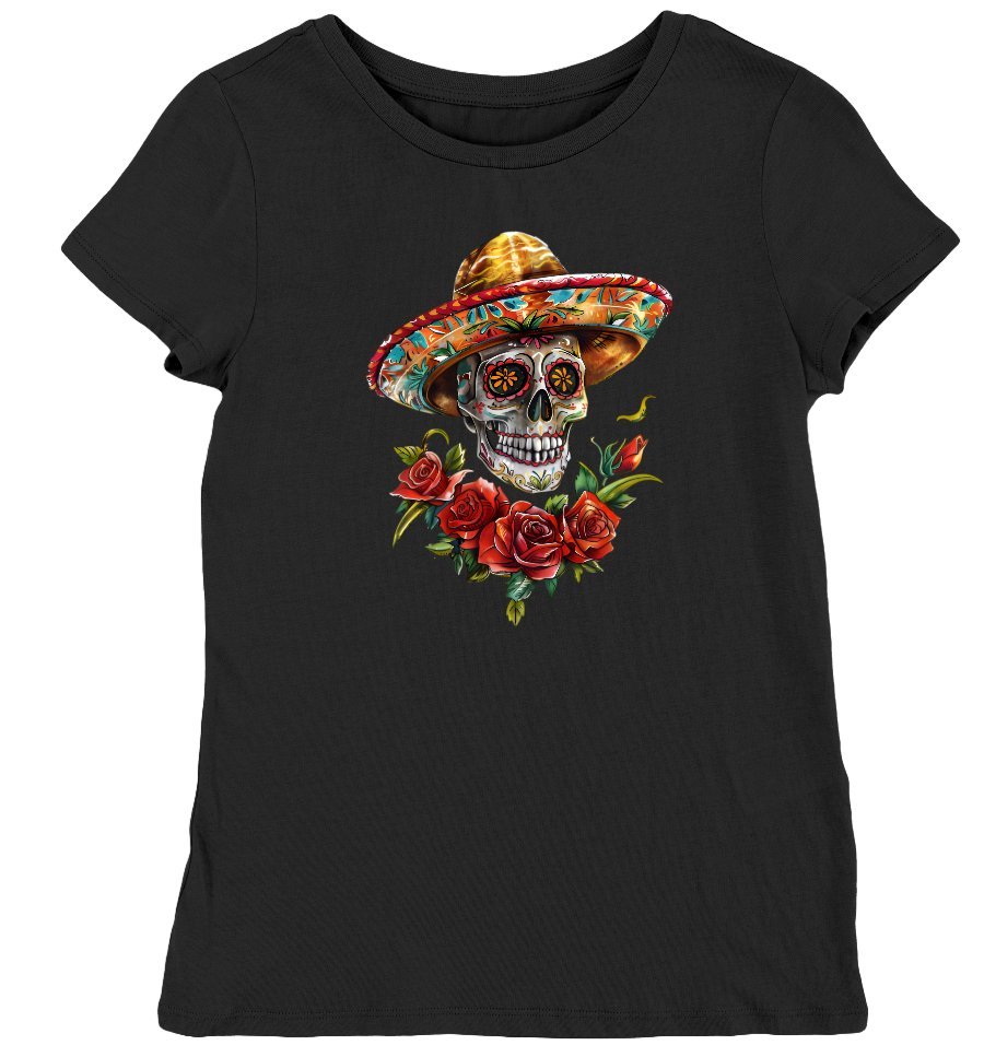 Koszulka damska czaszka z kapeluszem z kwiatami czarna S