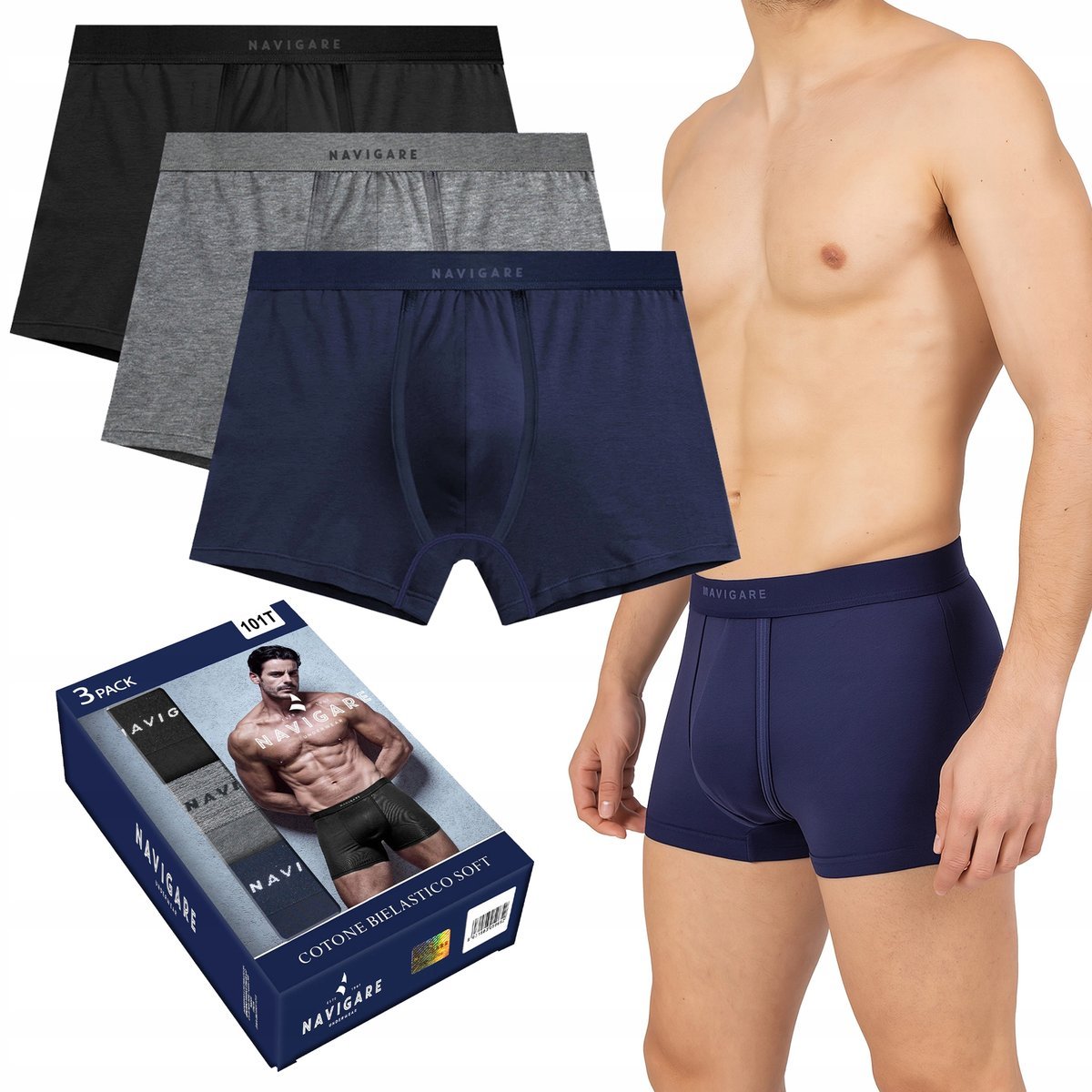 BOKSERKI SZORTY MĘSKIE 3 PACK NAVIGARE WŁOSKIE MAJTKI MĘSKIE PREMIUM *XL