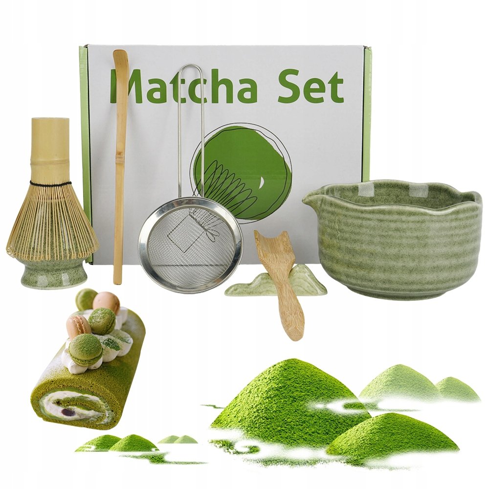 7 części Komplet do matcha z bambusową trzepaczką i stojakiem zielony