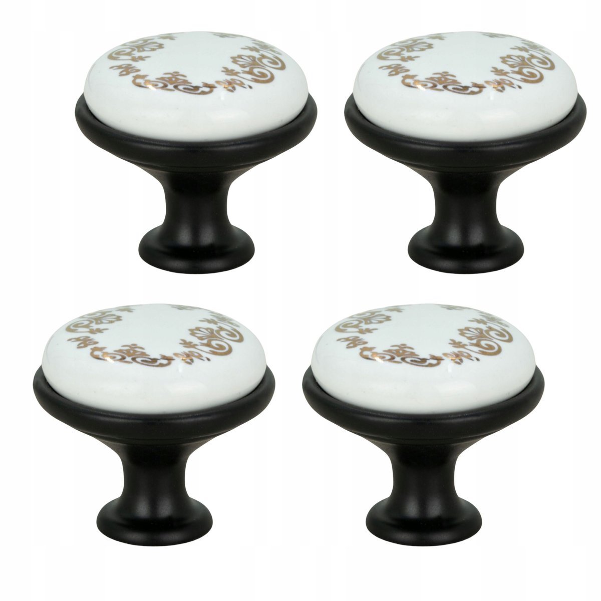 4 x Gałka meblowa okrągła czarna z ceramiką i wzorem retro gałki do szafek