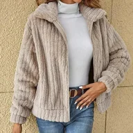 Kurtki damskie - Pluszowa rozpinana kurtka damska - Beżowy - miniaturka - grafika 1