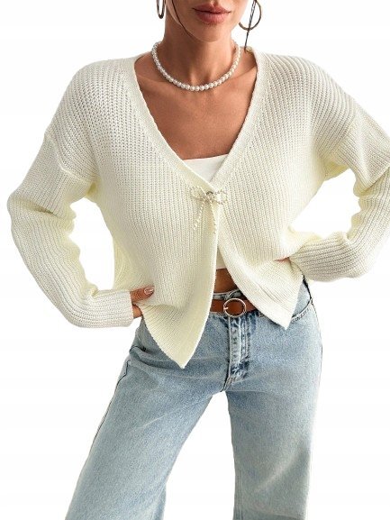 SHEIN ECRU SWETER PETITE Z DŁUGIM RĘKAWEM I KOKARDĄ S 1KA