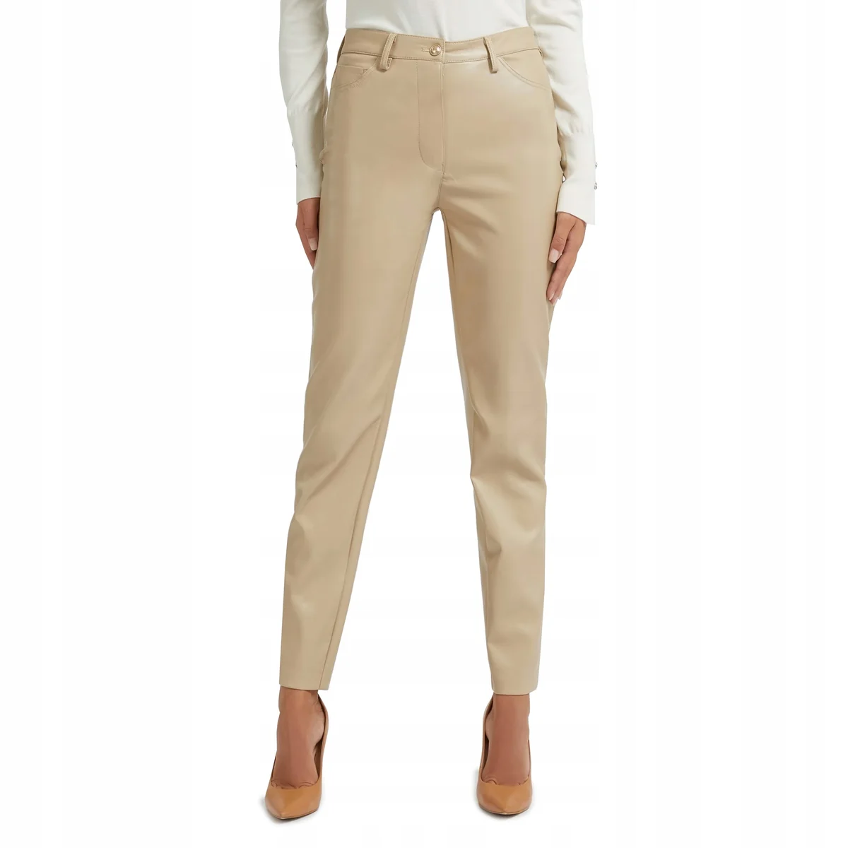 GUESS ELEGANCKIE BEŻOWE SPODNIE Z EKO SKÓRY W KANT 28 12CA