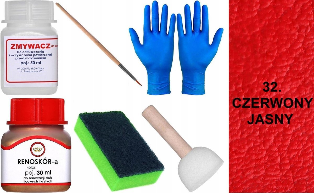 CZERWONY JASNY 32 Renoskór ZESTAW DO RENOWACJI SKÓRY LICOWEJ Farba Zmywacz