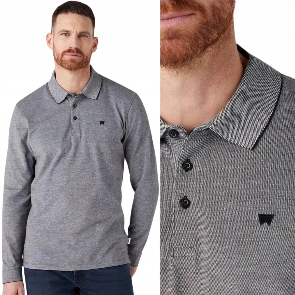 Wrangler Refined Polo Ls Black Regular Szara Polówka Z Długim Rękawem L