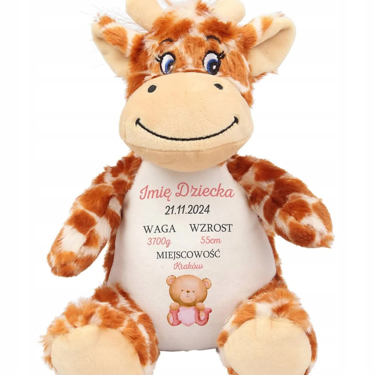ŻYRAFA PRZYTULANKA Dla Niemowlaka Personalizowane IMIĘ DZIECKA Różowe Wzory