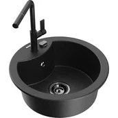 Zlewozmywaki z baterią - Mexen Diego zlewozmywak granitowy 1-komorowy z baterią kuchenną Flora, czarny/srebrny metalik - miniaturka - grafika 1