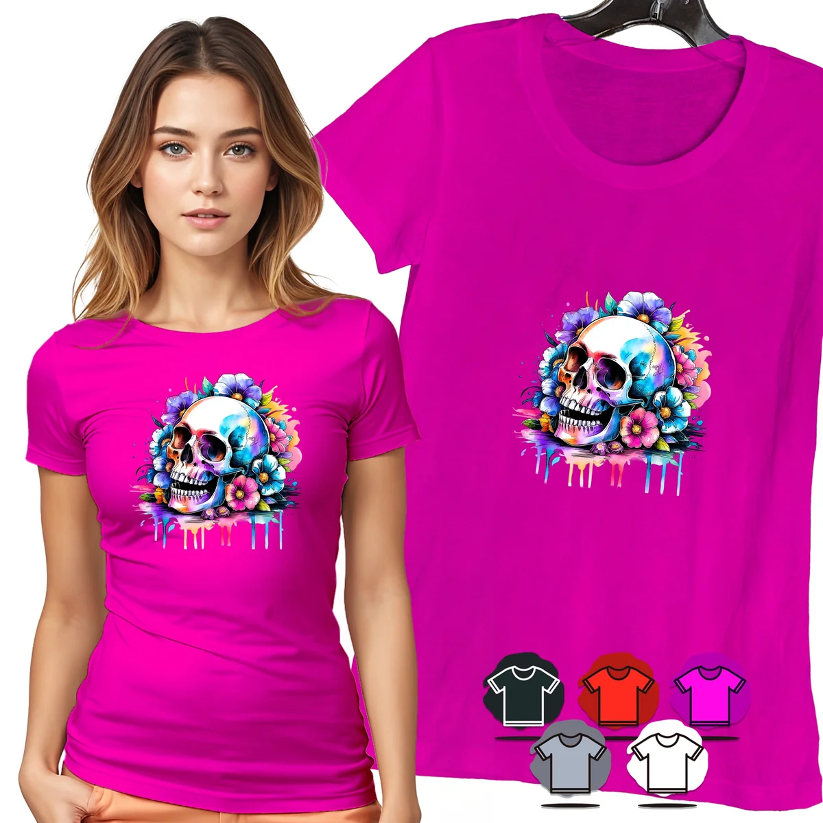 KOSZULKA DAMSKA T-SHIRT - CZASZKA KWIATY KOLOROWY PORTRET DAMSKI WZÓR - L