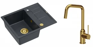 Quadron Unique Zlewozmywak granitowy jednokomorowy 62*50*22 cm z ociekaczem MORGAN 116 BLACK DIAMOND z syfonem Push-2-Open w kolorze złotym z baterią NATALIE Q LINE kolor złoty - Zlewozmywaki z baterią - miniaturka - grafika 1