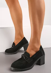 Czarne Półbuty w Stylu Mokasynów na Słupku i Niskiej Platformie z Klamerką Nardica - Półbuty damskie - miniaturka - grafika 1