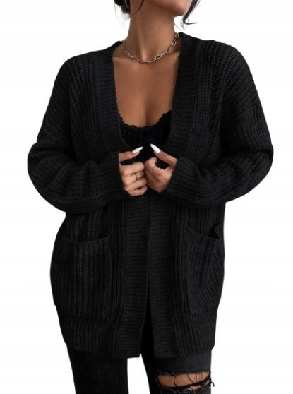 SHEIN SWETER CZARNY Z DŁUGIM RĘKAWEM GŁADKI NARZUTKA 34 1EA