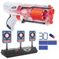 Zabawki militarne - Zestaw Pistolet Nerf N-Strike Elite Strongarm Przeźroczysty E5753 + 30 strzałek + elektroniczna tarcza - miniaturka - grafika 1