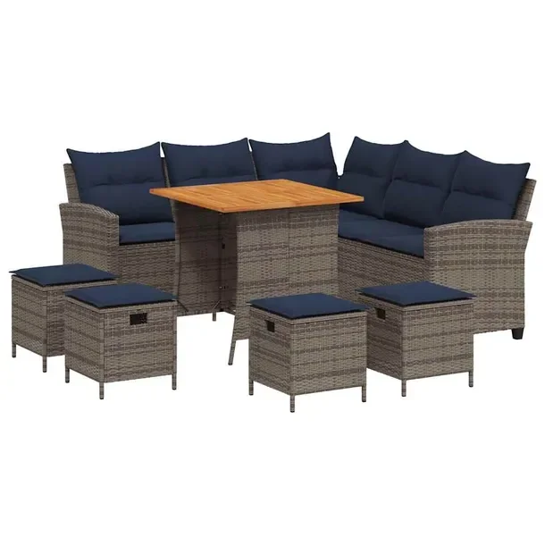 Zestaw Ogrodowy L, Sofa Narożna, Stół, Podnóżki, Rattan, Szary 184x184