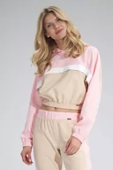Bluzki damskie - Dwukolorowa Krótka Bluza z Kapturem - Beżowo-Różowa - miniaturka - grafika 1