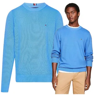 Niebieski Sweter Męski Premium Elegancki Tommy Hilfiger Bawełna Piękny r.M - Swetry męskie - miniaturka - grafika 1