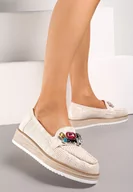 Mokasyny damskie - Beżowo-Srebrne Mokasyny ze Wstawką z Kolorowych Kamieni i Perforacją Veraila - miniaturka - grafika 1