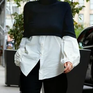 Koszule damskie - TEMU Elegancka Bluzka z Wysokim Kołnierzem w Kolorowe B i Bufiaste Rękawy - Szykowny Czarno-Biały Wzór, Długie Rękawy, Koszula na Guziki dla Kobiet, - miniaturka - grafika 1