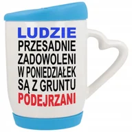 Kubki - Kubek Ucho z Sercem z Pokrywka Niebieska Ludzie Zadowoleni PODEJRZANI Wzory - miniaturka - grafika 1