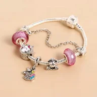 Bransoletki - Srebrna Bransoletka Charms Beads Turmalin Cyrkonie Kucyk Kwiaty Różowa - miniaturka - grafika 1