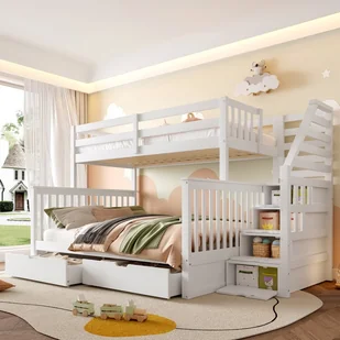 Łóżka piętrowe 90 x 200 cm + 140 x 200 cm z 2 szufladami i 4 drzwiami w schodach - Sosna + MDF + sklejka - Białe (bez materaca) - Łóżka dla dzieci i młodzieży Łóżka piętrowe 90 x 200 cm + 140 x 200 cm z 2 szufladami i 4 drzwiami w schodach - Sosna + MDF + sklejka - Białe (bez materaca) - Łóżka dla dzieci i młodzieży - miniaturka - grafika 1