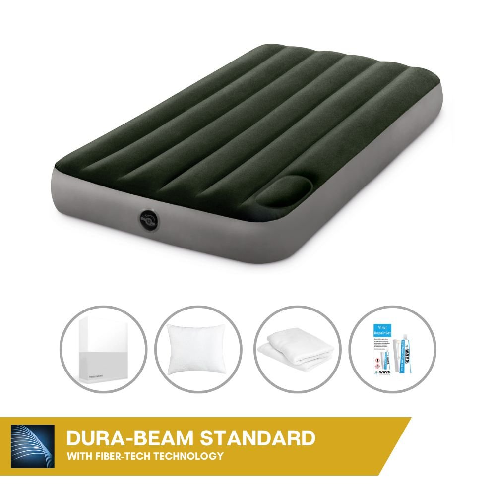 Dmuchane łóżko Intex - 1 osoba - 99 x 191 x 25 cm - Zielone - Z wbudowaną pompką nożną + prześcieradło białe + poduszka + poszewki Molton 2 w 1 + zestaw naprawczy