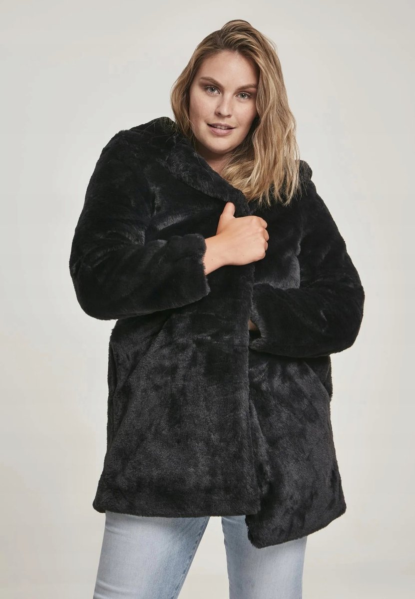 URBAN CLASSICS DAMSKI CZARNY PŁASZCZ FUTRO Z KAPTUREM XL 7AA