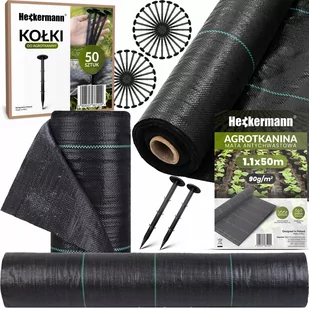 Zestaw Agrotkanina Heckermann 1,1x50m 90g/m2 Czarna + Kołki czarne 50 szt - Agrowłókniny - miniaturka - grafika 1