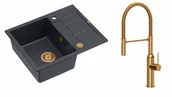 Zlewozmywaki z baterią - Quadron Unique Zlewozmywak granitowy jednokomorowy 62*50*22 cm z ociekaczem MORGAN 116 BLACK DIAMOND z syfonem Push-2-Open w kolorze miedzianym z baterią MARILYN Q LINE z ruchomą wylewką kolor miedziany - miniaturka - grafika 1